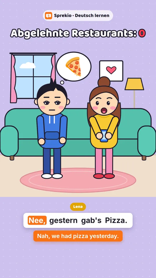Cartoon: Max and Lena decide what to eat, with German and English subtitles