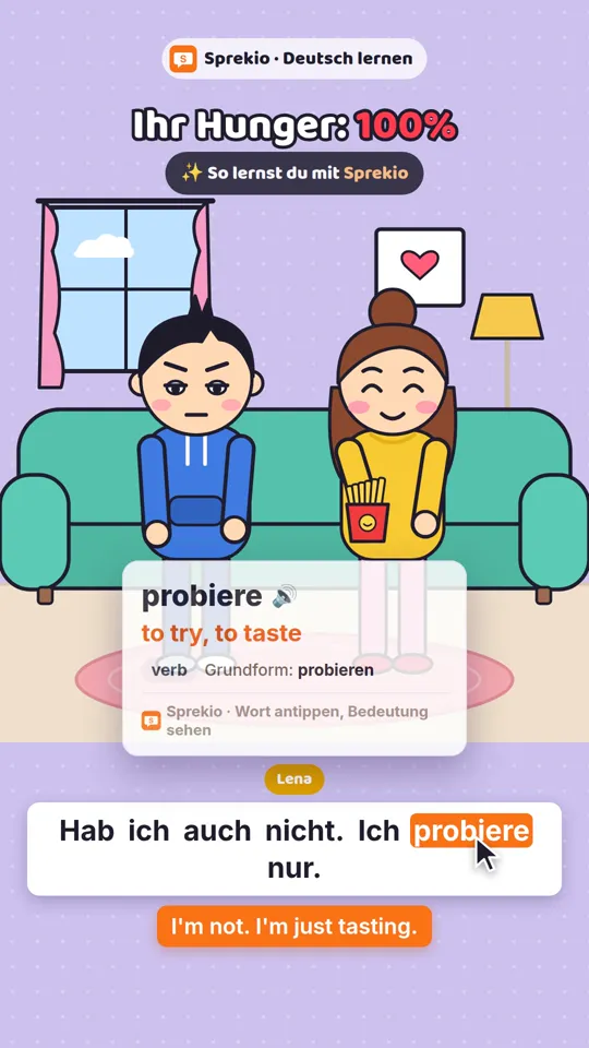 Cartoon: Lena says Ich probiere nur, with a word popup for probieren