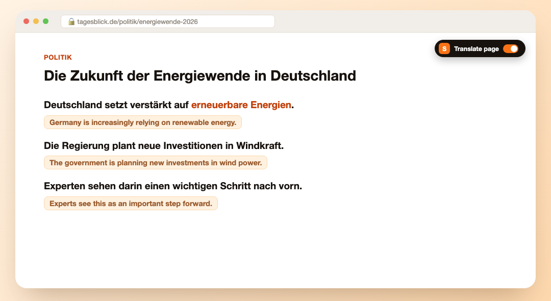 A German news article with an English translation under each sentence